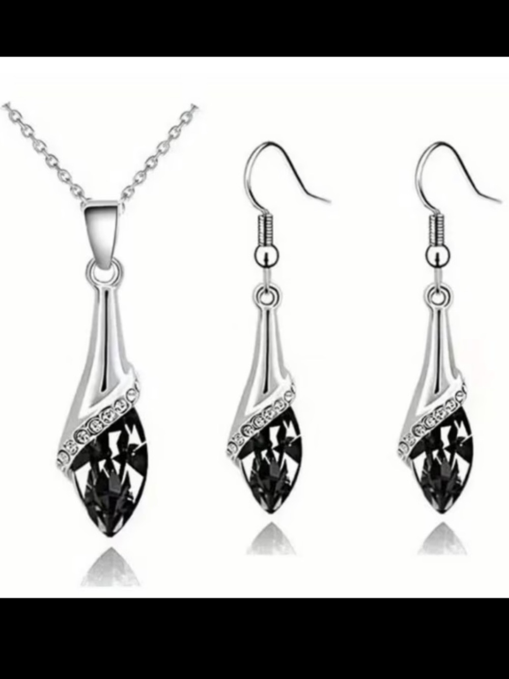Elegant Black Crystal Teardrop Pendant Necklace and Earrings Set